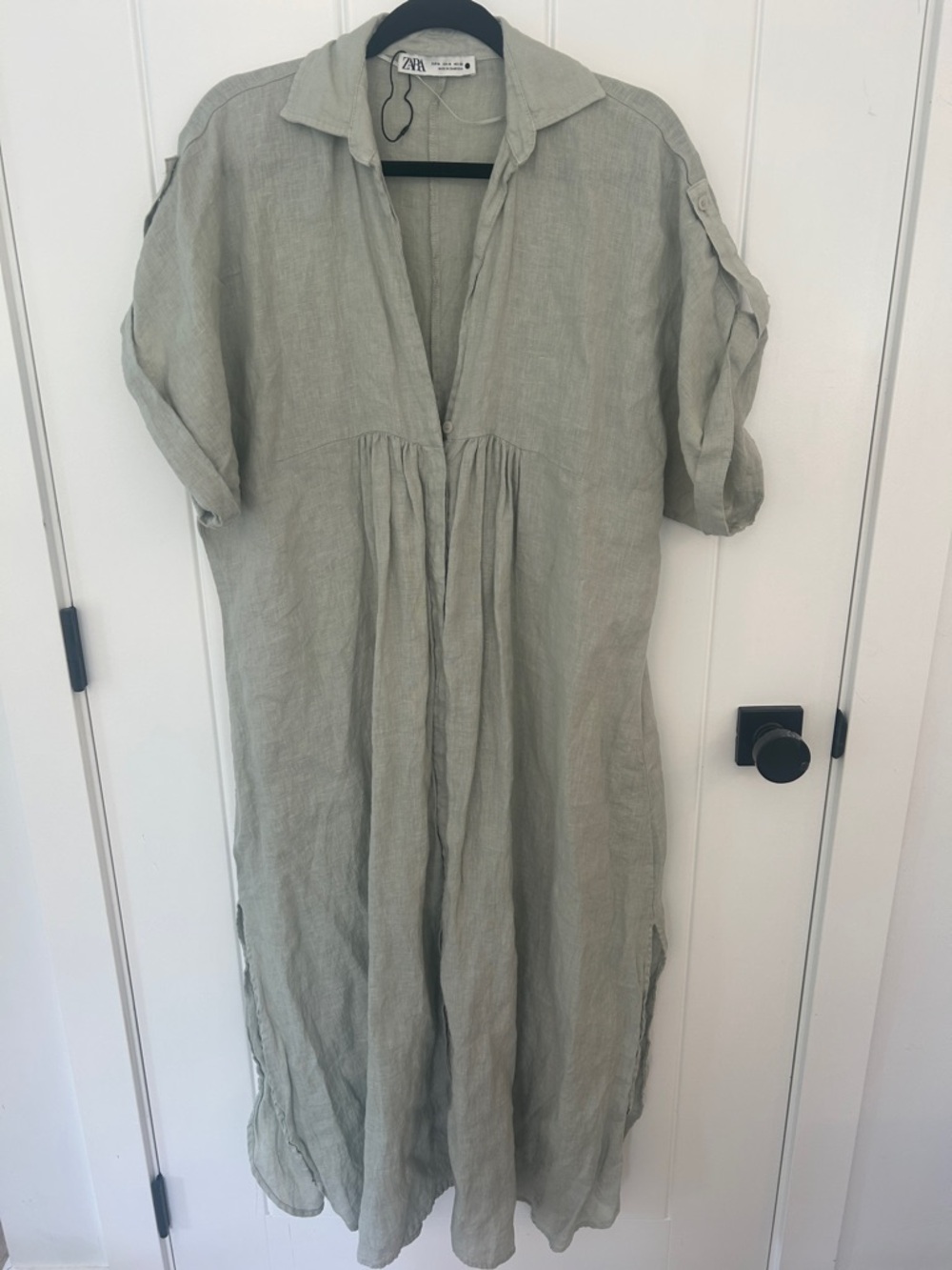 Zara Light Sage Linen Button-Front Tunic Dress